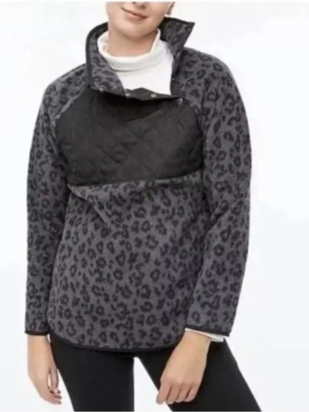 J. Crew Women Quilted Animal Print Button Neck Sherpa Fleece Jacket